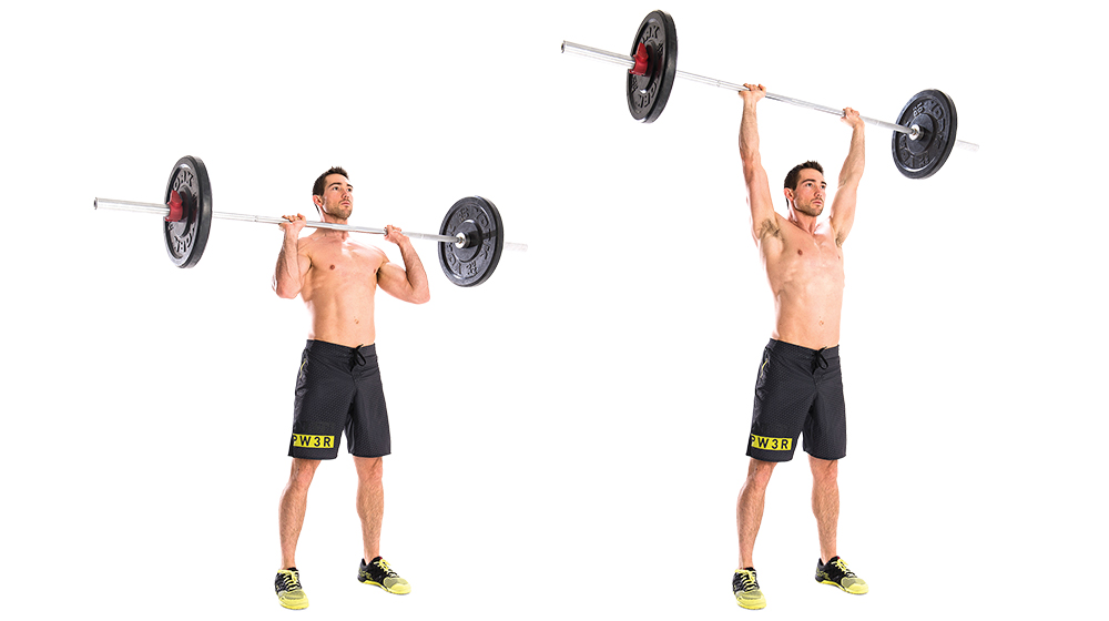 Man demonstrates two positions of the barbell overhead press exercise