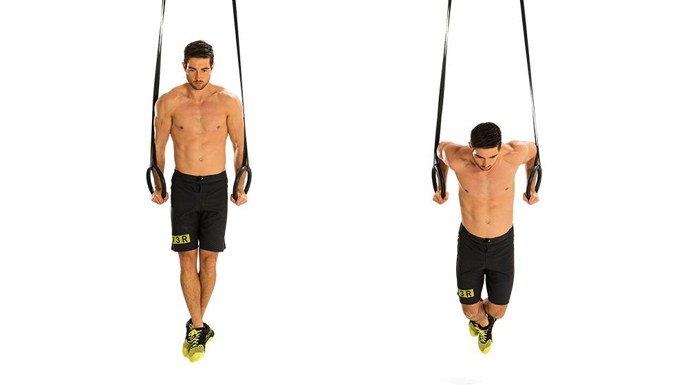 Man demonstrates two positions of triceps dips on gym rings