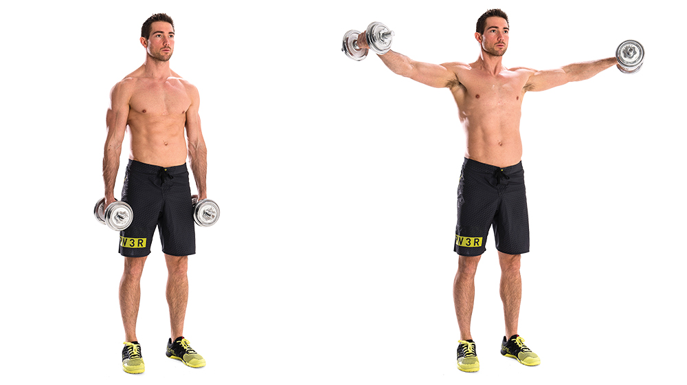 Man demonstrates two positions of the lateral raise exercise