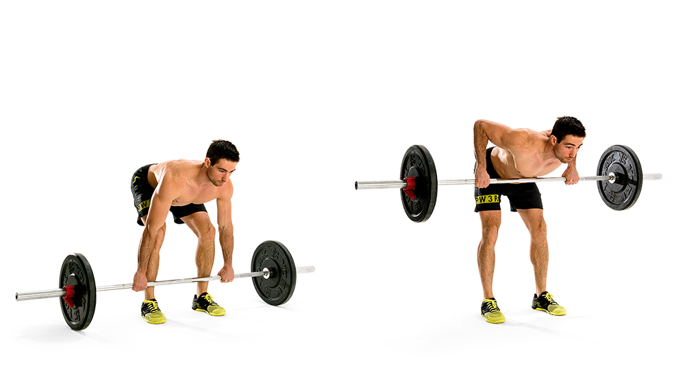 Man demonstrates two positions of barbell bent-over row